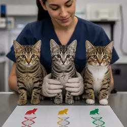 Prueba genética en gatos con resultados de atrofia progresiva de retina PRA, 
                          veterinaria mostrando tres gatos para diagnóstico hereditario felino, test 
                          ADN ocular con categorías afectado portador y libre.
