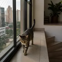 Seguridad para gatos en casa con balcón protegido y escaleras seguras, 
                          prevención de caídas, adaptación del hogar y cuidados esenciales para 
                          evitar accidentes felinos domésticos.