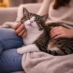 Gato relajado recibiendo caricias de su dueña mostrando cómo el contacto y el cariño ayudan a 
                           reducir el estrés en gatos y la ansiedad felina en casa