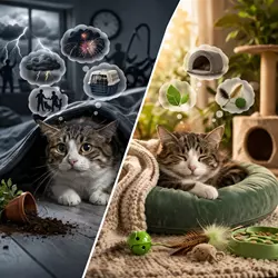 Comparación de gato estresado y gato relajado mostrando síntomas de estrés en gatos y cómo reducir 
                           la ansiedad felina con un entorno tranquilo, juguetes y cuidados adecuados para mejorar su 
                           bienestar