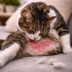 Gato lamiéndose en exceso con irritación en la piel mostrando acicalamiento excesivo como 
                           síntoma de estrés en gatos, ansiedad felina y posibles autolesiones por estrés crónico