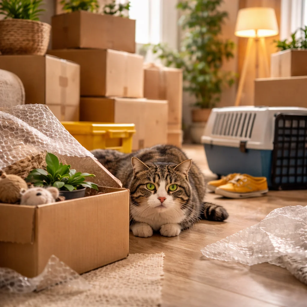 Gato estresado en casa durante una mudanza con cajas y objetos nuevos, mostrando 
                           cómo los cambios en el entorno afectan a los gatos y provocan ansiedad felina y 
                           estrés en el hogar