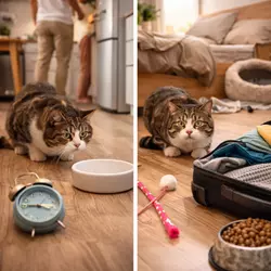 Gato estresado frente a su plato vacío y cambios en el hogar mostrando ansiedad en gatos por 
                           alteraciones en la rutina diaria como horarios de comida, descanso y juego