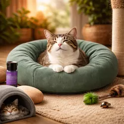 Gato relajado en casa con juguetes y rascador mostrando cómo reducir el estrés en gatos, 
                           controlar la ansiedad felina y mejorar su bienestar en un entorno seguro y tranquilo