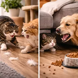 Gatos peleando y gato asustado frente a un perro mostrando estrés en gatos por conflictos con 
                           otros animales, ansiedad felina y problemas de convivencia en el hogar