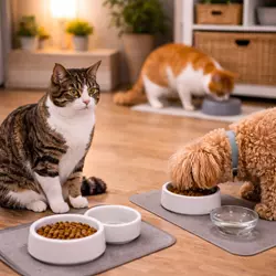 Gatos y perro comiendo separados en casa mostrando cómo evitar el estrés en gatos por convivencia 
                           con otras mascotas y reducir la ansiedad felina en el hogar
