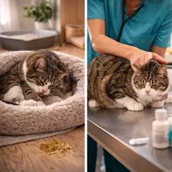 Gato enfermo y estresado en casa y en el veterinario mostrando síntomas de estrés en gatos por 
                           problemas de salud, dolor y ansiedad felina que afectan su bienestar