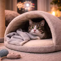Gato escondido en su cama durante fuegos artificiales mostrando cómo evitar el estrés en gatos 
                           por ruidos fuertes y reducir la ansiedad felina en casa