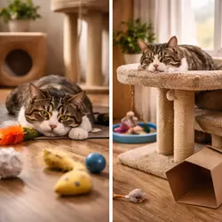 Gato aburrido y estresado sin estimulación mental ni física rodeado de juguetes mostrando cómo 
                           la falta de juego afecta el comportamiento felino y provoca ansiedad en gatos en casa