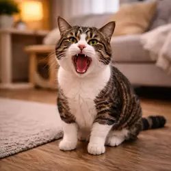 Gato maullando fuerte en casa mostrando maullidos excesivos como síntoma de estrés en gatos y 
                           ansiedad felina que afecta su comportamiento y bienestar
