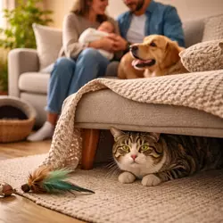 Gato estresado escondido bajo el sofá ante la llegada de un bebé y una nueva mascota, 
                           mostrando ansiedad en gatos por cambios en la familia y cómo afecta su comportamiento y 
                           bienestar felino