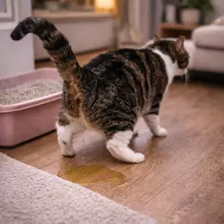 Gato orinando fuera de la caja de arena mostrando comportamiento por estrés en gatos, problemas 
                           urinarios felinos y señales de ansiedad en el hogar