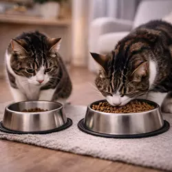Gato sin apetito y gato comiendo en exceso mostrando cambios en la alimentación por estrés en 
                           gatos, ansiedad felina y problemas de comportamiento alimenticio en casa