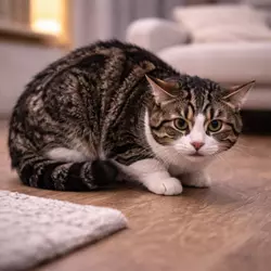 Gato con postura rígida y cuerpo tenso mostrando signos de estrés en gatos, lenguaje corporal 
                           felino y síntomas de ansiedad en el hogar