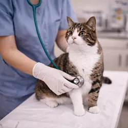 Gato en consulta veterinaria siendo revisado mostrando cómo detectar problemas de salud 
                           relacionados con el estrés en gatos y prevenir enfermedades felinas a tiempo