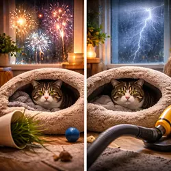 Gato asustado escondido en su cama durante fuegos artificiales, tormenta y ruido de 
                           aspiradora mostrando estrés en gatos por ruidos fuertes y ansiedad felina en el hogar