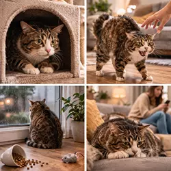 Gato con cambios de comportamiento como agresividad, aislamiento y miedo mostrando síntomas de 
                           estrés en gatos y señales de ansiedad felina que afectan su bienestar en casa