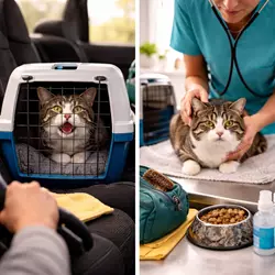 Gato estresado en transportín durante viaje en coche y visita al veterinario mostrando 
                           ansiedad en gatos, síntomas de estrés felino y situaciones comunes que afectan su 
                           bienestar