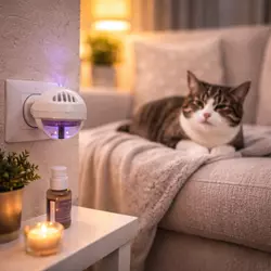 Gato relajado en casa junto a difusor de feromonas mostrando cómo reducir el estrés en gatos y 
                           la ansiedad felina con feromonas sintéticas en el hogar