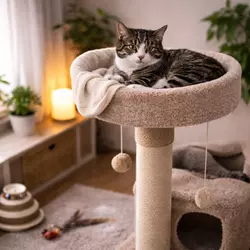 Gato relajado en rascador con juguetes y zona segura mostrando cómo crear un ambiente tranquilo 
                           para reducir el estrés en gatos y mejorar su bienestar felino en casa
