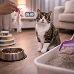 Gato siguiendo rutina diaria con comida, juego y caja de arena mostrando cómo una rutina estable 
                           reduce el estrés en gatos y mejora su bienestar felino en casa