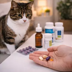 Gato junto a suplementos y medicamentos mostrando cómo tratar el estrés en gatos, reducir la 
                           ansiedad felina y mejorar su bienestar con ayuda veterinaria