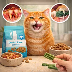 Gato atigrado naranja mostrando sus dientes mientras disfruta de comida 
                          dental, con un saco de pienso especializado para la salud dental, boles de 
                          comida húmeda y seca, y premios dentales, en un entorno doméstico bien 
                          iluminado, destacando el cuidado dental para gatos