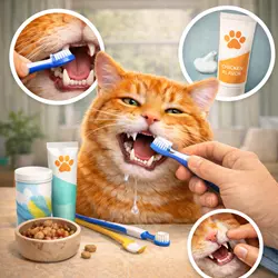 Gato atigrado naranja con encías visibles mientras recibe un cepillado 
                          dental con un cepillo especial para felinos, rodeado de productos de 
                          cuidado dental como pasta de dientes con sabor a pollo y golosinas, en un 
                          ambiente doméstico bien iluminado.