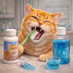 Gato atigrado naranja usando un cepillo dental verde, rodeado de productos 
                       para la salud dental, como un suplemento oral con etiqueta de gato y enjuague 
                       bucal azul, en un entorno doméstico bien iluminado, destacando el cuidado 
                       dental felino