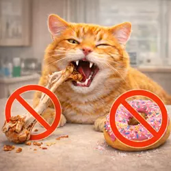 Gato atigrado naranja mordiendo un hueso de pollo cocido, con un donut 
                       decorado con chispas cerca. Ambos alimentos están marcados con un símbolo 
                       rojo de 'prohibido', destacando los peligros de dar huesos cocidos y 
                       alimentos azucarados a los gatos, en un entorno doméstico