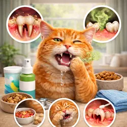 Gato atigrado naranja con dolor dental evidente, babeando y mostrando 
                          encías inflamadas. Insets alrededor muestran problemas dentales como 
                          dientes decayendo, mal aliento y otros síntomas comunes en gatos, mientras 
                          productos de cuidado dental y comida para gatos están cerca en un ambiente 
                          de consulta veterinaria.