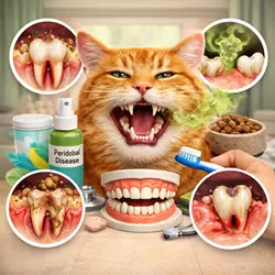Gato atigrado naranja con encías inflamadas y dientes visibles, rodeado de 
                       detalles sobre problemas dentales comunes en felinos como gingivitis, 
                       enfermedad periodontal y abscesos, con productos de cuidado dental y 
                       croquetas para gatos, en un ambiente de consulta veterinaria