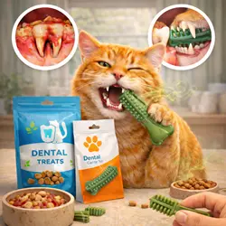 Gato atigrado naranja mordiendo un juguete dental verde mientras muestra sus 
                       dientes, con productos de cuidado dental como golosinas y pienso dental en el 
                       fondo. Los insets comparan dientes sucios y limpios, destacando el uso de 
                       juguetes dentales y premios para la salud dental felina