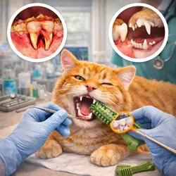 Gato atigrado naranja recibiendo un chequeo dental en una clínica veterinaria, 
                       mostrando dientes antes y después de la limpieza profesional. Un veterinario 
                       limpia los dientes del gato con herramientas dentales mientras se observa el 
                       proceso de eliminación de sarro y mejora de la salud bucal, en un entorno 
                       clínico