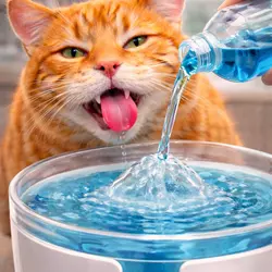 Gato atigrado naranja bebiendo agua de una fuente que contiene una solución 
                      dental para reducir el sarro y las bacterias bucales, mejorando la salud 
                      dental felina, en un entorno doméstico bien iluminado