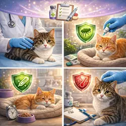 Imagen que muestra los cuidados antes y después de vacunar a un gato, con recomendaciones para 
                       mantener su salud y bienestar, como controlar la fiebre, observar efectos secundarios y 
                       proporcionar un ambiente cómodo.