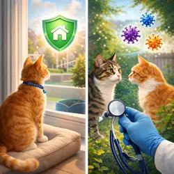 Imagen mostrando a dos gatos, uno en el interior y otro en el exterior, ilustrando cómo el 
                       veterinario ajusta la frecuencia de vacunación en gatos según su entorno, contacto con otros 
                       animales y riesgo de enfermedades.