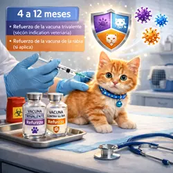 Imagen que muestra a un gatito recibiendo el refuerzo de vacuna trivalente y 
                          contra la rabia entre 4 y 12 meses, destacando la importancia de mantener el 
                          calendario de vacunación actualizado para la salud de tu gato.
