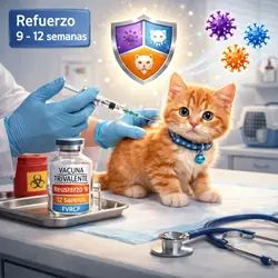 Imagen que muestra a un gatito recibiendo el refuerzo de vacuna trivalente entre 9 y 
                          12 semanas, resaltando la importancia de mantener al día el calendario de vacunación 
                          para la salud felina.