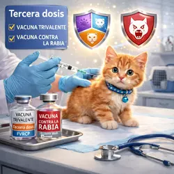 Imagen de un gatito recibiendo la tercera dosis de vacuna trivalente y contra la rabia 
                          entre 12 y 16 semanas, destacando la importancia de completar el ciclo de vacunación para 
                          proteger la salud felina.