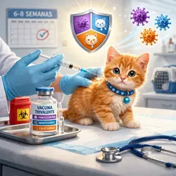 Imagen de un gatito recibiendo la vacuna trivalente en una clínica veterinaria, 
                          destacando la importancia de vacunar a los gatos entre 6 y 8 semanas para protegerlos 
                          de enfermedades.