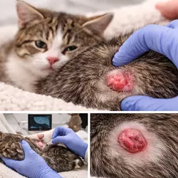 Imagen que muestra una reacción rara tras la vacunación contra la leucemia felina (FeLV) en 
                          gatos, destacando la aparición de lesiones o inflamación severa en el área de la inyección, 
                          con un veterinario realizando el tratamiento adecuado.