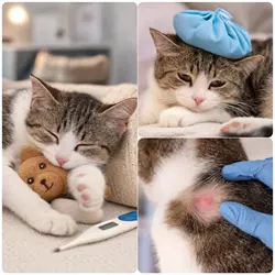 Imagen que muestra los efectos secundarios comunes tras la vacunación contra la leucemia 
                          felina (FeLV) en gatos, como fiebre ligera, enrojecimiento en el sitio de la inyección y 
                          fatiga temporal.