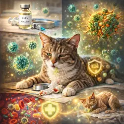 Imagen que ilustra cómo la vacuna contra la leucemia felina (FeLV) protege a los gatos de 
                          enfermedades graves, mostrando la lucha del sistema inmune contra el virus y los beneficios de 
                          la vacunación para su salud.