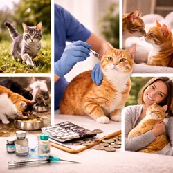 Imagen que muestra a un gato recibiendo la vacuna FeLV y a su dueño cuidando su bienestar, destacando 
                         la importancia de la vacunación en gatos para prevenir enfermedades graves como la leucemia felina, con 
                         imágenes de gatos en exteriores y un entorno doméstico saludable.