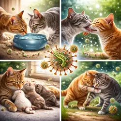 Imagen que ilustra cómo se transmite la leucemia felina entre gatos, mostrando interacciones 
                          como el contacto cercano y peleas, que facilitan la propagación del virus.