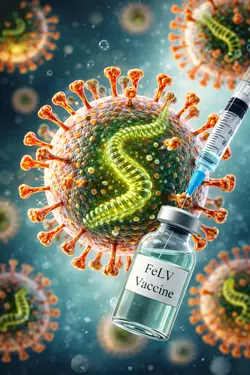 Imagen que muestra la vacuna contra la leucemia felina (FeLV) junto a una representación 
                         del virus, destacando la importancia de la prevención y protección en gatos contra esta 
                         enfermedad viral grave.
