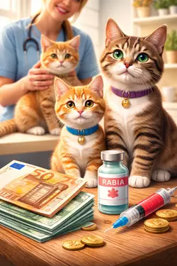 Imagen de gatos en una clínica veterinaria destacando el precio de la vacuna contra 
                       rabia para felinos, con viales, dinero y una jeringa, mostrando la importancia de la 
                       salud y protección animal.