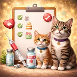 Imagen de gatos recibiendo vacuna contra rabia, mostrando un calendario de 
                         vacunación con chequeos, viales y jeringas, destacando la importancia de 
                         la salud felina y la prevención de enfermedades.