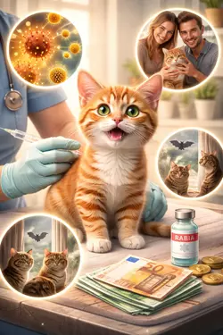 Imagen que destaca la vacunación contra la rabia en gatos, mostrando un gatito feliz 
                       recibiendo la vacuna, con viales, dinero, virus y gatos observando un murciélago, 
                       enfatizando los beneficios de la salud felina y la prevención de enfermedades.